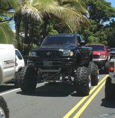 a black truck driving down a street next to palm trees and white pickup trucks on the side of the road