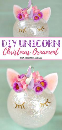 unicorn christmas ornament with flowers on top and the words unicorn in pink above it