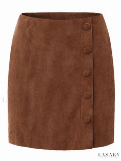 Lasaky - Velvet A-Line Skirt with Solid Color, Button Closure, Zipper, High Waist, Slim Fit, and Hip-Hugging Design Winter Workwear Mini Skirt With Button Closure, Workwear Mini Skirt With Button Closure For Winter, Fall Pencil Skirt With Buttons, Trendy Buttoned Mini Skirt For Winter, Brown Knee-length Skirt With Button Closure, Brown Mini Skirt With Button Closure For Work, Trendy Buttoned Skirt For Winter, Winter Mini Skirt With Button Closure For Workwear, Brown Buttoned Skirt For Winter