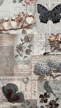 a collage of flowers, birds and butterflies with words written in french on them