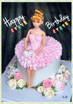 a birthday card with a barbie doll on top of a white cake covered in pink ruffles