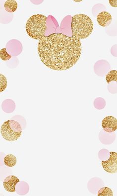 a pink and gold minnie mouse background with confetti