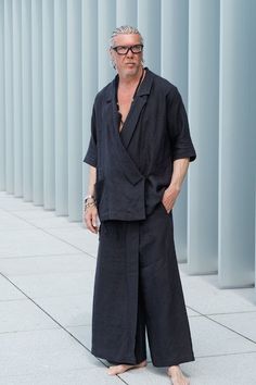 Skirt-pants for men, loose wide-leg pants with skirt panel, linen palazzo pants with pockets, wide linen mens trousers Linen Pants For Men, Pants With Skirt, Mens Wide Leg Pants, Linen Palazzo Pants, Mens Linen Pants, Male Kimono, Pants Outfit Men, Kilt Skirt, Leg Pants Outfit