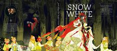 snow white and the seven dwarfs are walking through the woods with their red cloaks