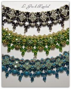 four different colors of beaded bracelets with beads and crystals on them, one is green