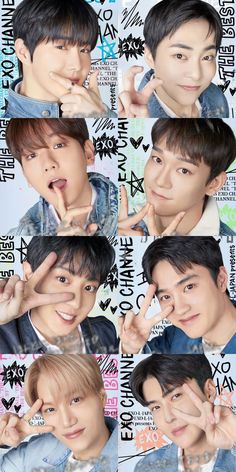 four different images of young men making the v sign with their hands in front of them