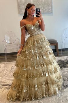 Lace-Up Gold Off the Shoulder Corset Tiered Ball Gown Sequin Ball Gown, Tiered Tulle Skirt, Champagne Prom Dress, Ruffle Prom Dress, Elegant Ball Gowns, Sequin Prom Dress, Evening Party Gowns, Lace Prom Dress