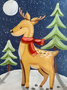 an acrylic painting of a deer in the snow with trees and moon behind it