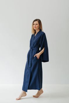 "Long linen bathrobe made from 100% washed linen, will be a perfect addition to your morning loungewear collection. Long sleeves with cuts will give a beautiful and elegant touch while side seams pockets and waistband will keep robe practical. Incredibly soft, comfortable but still very feminine, linen robe Paris will make your morning routines even more enjoyable.  NOTE --> bathrobe only, if you want a set, then please add below night dress to the chart. https://www.etsy.com/listing/1492809671/ Morning Loungewear, Linen Nightdress, Linen Dressing Gown, Linen Sleepwear, Linen Bathrobe, Robe For Women, Linen Kimono, Linen Robe, Morning Routines