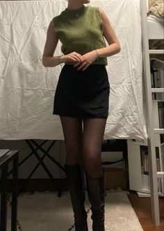 Stay In Date Night Outfit, Mini Skirt Formal Outfit, Mini Skirt Tall Boots Outfit, Small Black Skirt Outfit, 90s Outfit Inspo Women, Classy 90s Outfits, Miniskirt Outfits Aesthetic, Black Mini Skirt Outfit Fall, Off The Shoulder Sweater Outfit