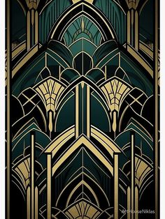 an art deco style poster with gold and green colors on black background, depicting the interior of a building