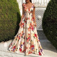 Olivia Mark - Backless Floral Printed Maxi Dress with Flowy Design and Sleeveless Straps Boho Floral Maxi Dress, Flowy Design, Sleeveless Outfit, Dress Sleeve Styles, Camisole Dress, Suspender Dress, Floral Print Maxi Dress, Floral Print Maxi, Maxi Dress Cotton