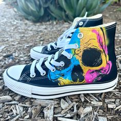 Custom Skull Print Black Converse High Top Chuck Taylor Shoes – BlvdCustom Black Hand Painted Custom Sneakers With Round Toe, Black Low-top Sneakers With Custom Artwork, Black Casual Sneakers With Custom Artwork, Skull Portrait, Anime Collage, Apple Watch Bands Fashion, Chuck Taylor Shoes, High Top Chucks, Converse High Top