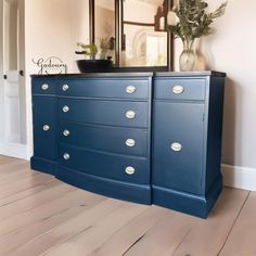 Gorgeous Hickory Branded Vintage Buffet. Beautiful solid wood piece painted in a deal blue with hint of teal undertones. Featuring 6 drawers with two cabinets and shelving inside. Original hardware which has been cleaned and shined. Top has been stained in a deep brown rich wood.  Makes a perfect buffet, tv stand, accent piece, or even dresser! Measurements: 36 tall 60" wide 20" deep FREE SHIPPING ON ALL ITEMS. If it happens that you are in a rural area shipping may cost a little. Shipping can t Tv Stand Gold, Buffet Tv Stand, Buffet Tv, Dresser Tv, Dresser With Tv, Dresser Tv Stand, Vintage Buffet, Rural Area, Deep Brown