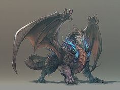 a very large dragon with horns and wings on it's back