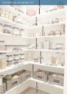 the pantry shelving is organized with clear bins and labeled labels for each section