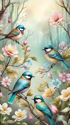 three birds sitting on branches with flowers in the background