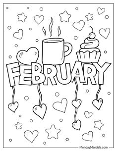 a coloring page with the word february and cupcakes on it, surrounded by hearts