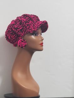 Handmade Newsboy Hat Crochet Slouchy Adult  Beanie Hat with Visor with matching earrings Handmade Newsboy Hat Crochet Slouchy Adult  Beanie Hat with Visor Elevate your fashion game with this handmade hot pink and black newsboy beanie hat with a visor. This stunning crochet slouchy hat is perfect for any casual occasion and fits any size as it is designed to be one size fits all. The hat is made from high-quality acrylic material that is comfortable and durable, making it ideal for any season, wh Trendy One-size Crochet Hat, Hand-knitted Hat As Gift, Handmade Crochet Hat For Gift, Handmade Crochet Hat As Gift, Trendy One Size Fits Most Crochet Hat, Acrylic Hats One Size Fits Most, Casual Adjustable Crochet Hat Gift, Casual Winter Crochet Visor Hat, Pink Crochet Hat One Size