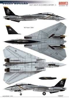 four fighter jets are shown side by side in various positions and sizes, all with different markings on them