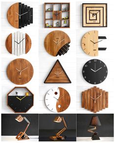 various clocks are arranged on the wall in different shapes and sizes, including one that is made from wood