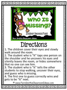 ndoor Recess ~ Who Is Missing Game #Free Printable Directions #FernSmithsClassroomIdeas Active Games For Kids, Games For Kids Indoor, Indoor Recess Games, Indoor Recess Activities, Recess Activities, Gym Games For Kids