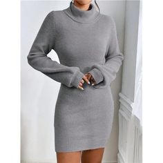 Introducing The Light Grey Sweater Dress, Designed With Elegance In Mind. This Dress Features A High Neckline And Long Bishop Sleeves, Creating A Sophisticated Look. The Natural Waistline And Pencil-Shaped Hem Enhance Its Flattering Short Silhouette. Crafted From Fabric With Slight Stretch, It Offers A Regular Fit That Ensures Both Comfort And Flexibility. Non-Sheer And Stylishly Tailored, This Dress Is Perfect For Adding A Touch Of Refined Chic To Your Wardrobe. Note: Belt Not Included. Elegant Non-stretch Mini Sweater Dress, Gray Bodycon Mini Dress For Winter, Elegant Gray Mini Dress For Winter, Elegant Gray Bodycon Dress For Fall, Elegant Gray Mini Dress For Fall, Fall Gray Bodycon Dress, Fitted Gray Sweater Dress For Fall, Fitted Gray Bodycon Dress For Fall, Fitted Gray Dress For Fall