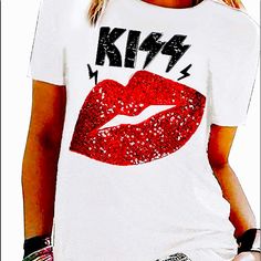 Sequin Kiss Concert Tee Shirt . Red Graphic Print Top For Concert, White Top For Fall Concert, Red T-shirt For Summer Concert, Red Graphic Tee For Summer, White T-shirt For Concerts In Fall, White T-shirt For Fall Concert, Trendy White T-shirt For Concert, White Graphic Tee Shirt For Concert, White Fitted T-shirt For Concert