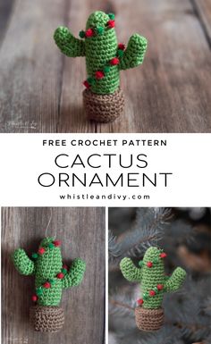 a crocheted cactus ornament hanging from a tree