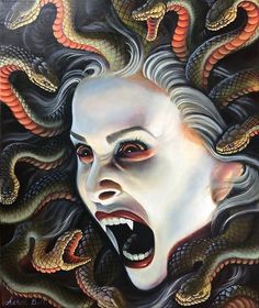 a painting of a woman's face with snakes surrounding her