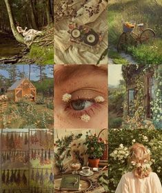 a collage of pictures with flowers, trees and people in the background including an image of a woman's face