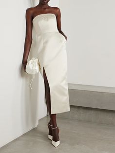 EMILIA WICKSTEAD Pola strapless duchesse-satin midi dress | NET-A-PORTER Emilia Wickstead, Minimal Aesthetic, Shades Of Beige, Satin Midi Dress, Net A Porter, Women Collection, Luxury Design, Bodice, Porter