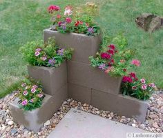 several cement blocks with flowers growing out of them in the middle of some grass and rocks