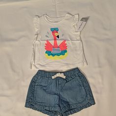 New With Tags In Plastic. Shorts With Ruffles And Sleeves Have Ruffles Too. Size Is 3m. Adorable Flamingo On Front. Original Price Is $24 Casual Spring Sets For Playdate, Casual Spring Playdate Sets, Shorts With Ruffles, Future Baby, Matching Sets, Flamingo, Ruffles, Must Haves, Blue White