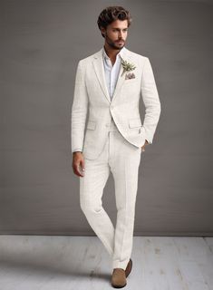 The classy informality of the Italian Meadow Linen suit will draw attention to your impeccable taste. Crafted from linen, this suit is a fresh and go-to color for summer/spring. Wear it with a matching waistcoat, a white cotton shirt and tan brogue shoes.  Look Includes   Italian Meadow Linen Fabric  Two Button Jacket Style  Notch Lapel   Corozo   Ivory  Buttons  Single Vent  Three Cuff Buttons  Two Welted Back Pockets on Trousers    Click 'Customize Now' to modify the look if needed.   Lining: Viscose; Dry Clean. Off White Suits For Men Wedding, Men Linen Wedding Attire, Italian Summer Wedding Outfit Men, Cream Linen Suit Men, Classic Three-piece Suit With Suit Collar For Spring, Elegant Cotton Wedding Suit, Elegant Wedding Cotton Suits, Classic Single Breasted Three-piece Suit For Spring, Classic Single-breasted Three-piece Suit For Spring