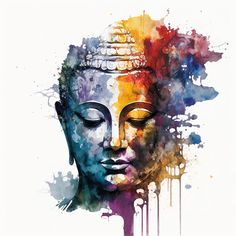 the buddha statue is painted with watercolors