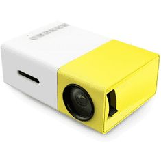 a yellow and white projector sitting on top of a table