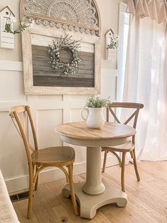 two chairs and a table with a vase on it in front of a painting hanging on the wall