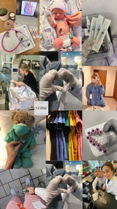 the collage shows many different pictures of people and babys in hospital gowns