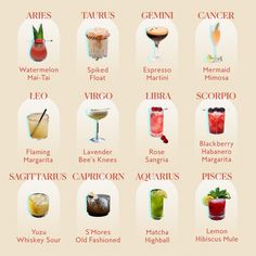 the different types of cocktails are shown in this poster, which includes names and pictures