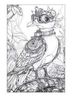 a black and white drawing of a bird with goggles on it's head