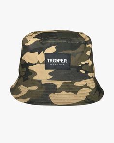 Trooper America's iconic bucket hat in camouflage Expertly crafted Amazing shape and feel Perfect for home, the gym, office, watching sporting events and shopping Curved Brim Bucket Hat, Military Style Khaki Bucket Hat, Military Camouflage Bucket Hat, Camouflage Bucket Hat For Outdoor Activities, Military Style Bucket Hat With Curved Brim For Summer, Military Style Camouflage Bucket Hat, Adjustable Camouflage Bucket Hat With Curved Brim, Casual Camouflage 5-panel Hat, Adjustable Camouflage Bucket Hat