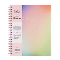 a spiral notebook with the words, inspired planner written in pink and blue on it