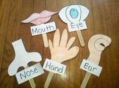 four hand and eye puppets on wooden sticks with words that read mouth, nose, ear