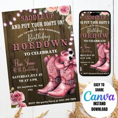 this is an image of cowboy boots and roses birthday party card with matching envelopes