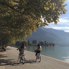 two people riding bikes next to the water