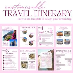 the ultimate travel itinerary guide is shown in pink, white and grey colors