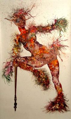 a painting of a naked woman holding a pole with flowers all over her body and legs