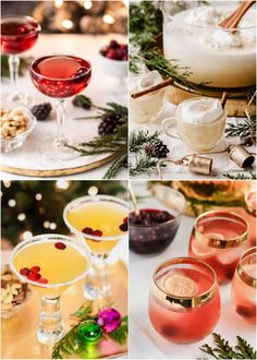 four different shots in glasses with christmas decorations