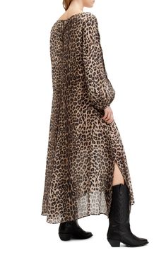 A classic leopard pattern amplifies the contemporary appeal of this gauzy, long-sleeve dress. Ties at neck Boat neck Long sleeves with elastic cuffs Side slits 69% viscose, 31% polyamide Dry clean Imported Dress Leopard, Long Sleeved Dress, Dress Images, Leopard Dress, Sleeved Dress, Leopard Print Dress, Top Designer Brands, Leopard Pattern, Sweaters And Jeans